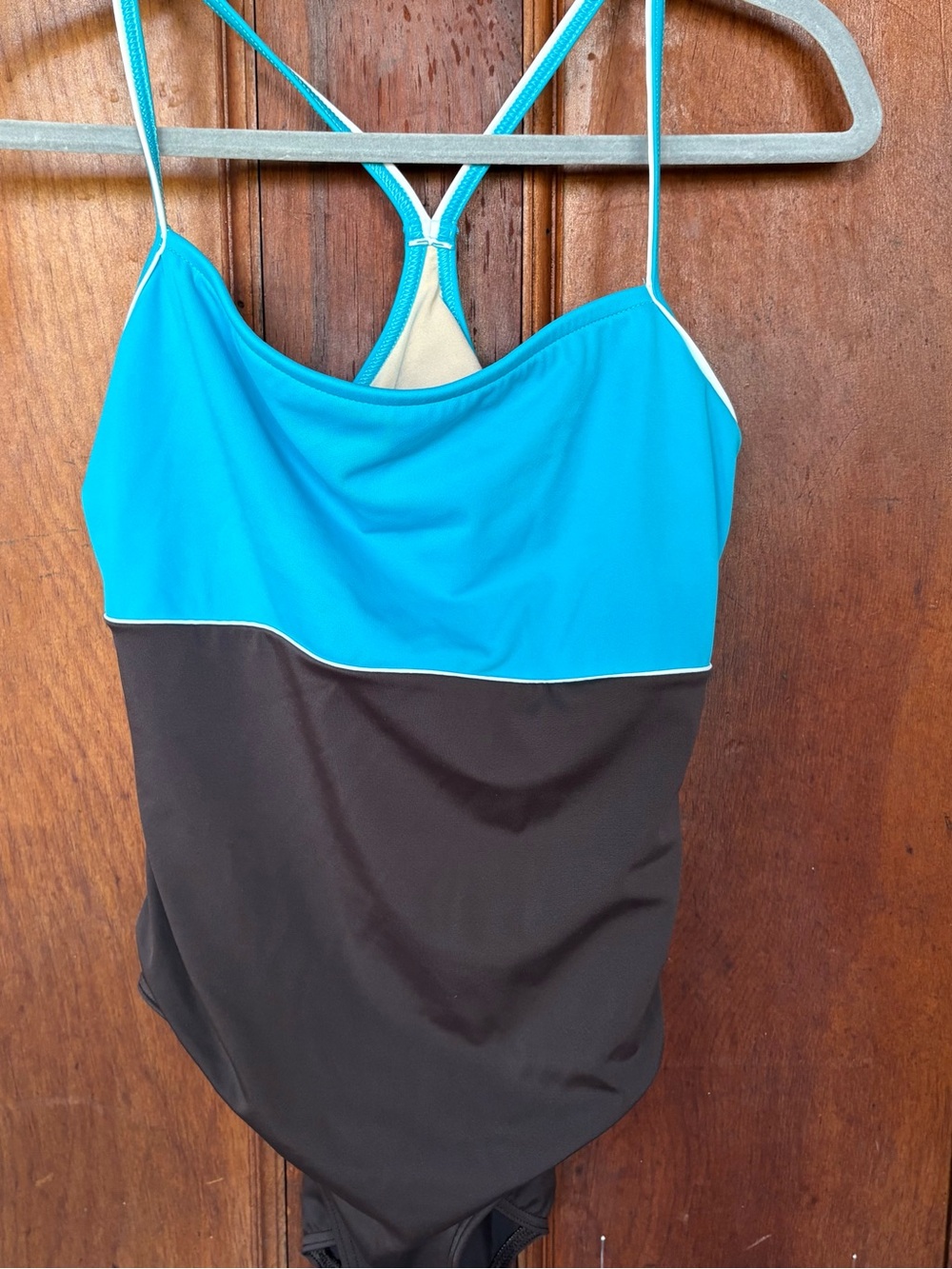 L.L.Bean Colorblock One Piece Swimsuit Turquoise Blue Brown 14 R